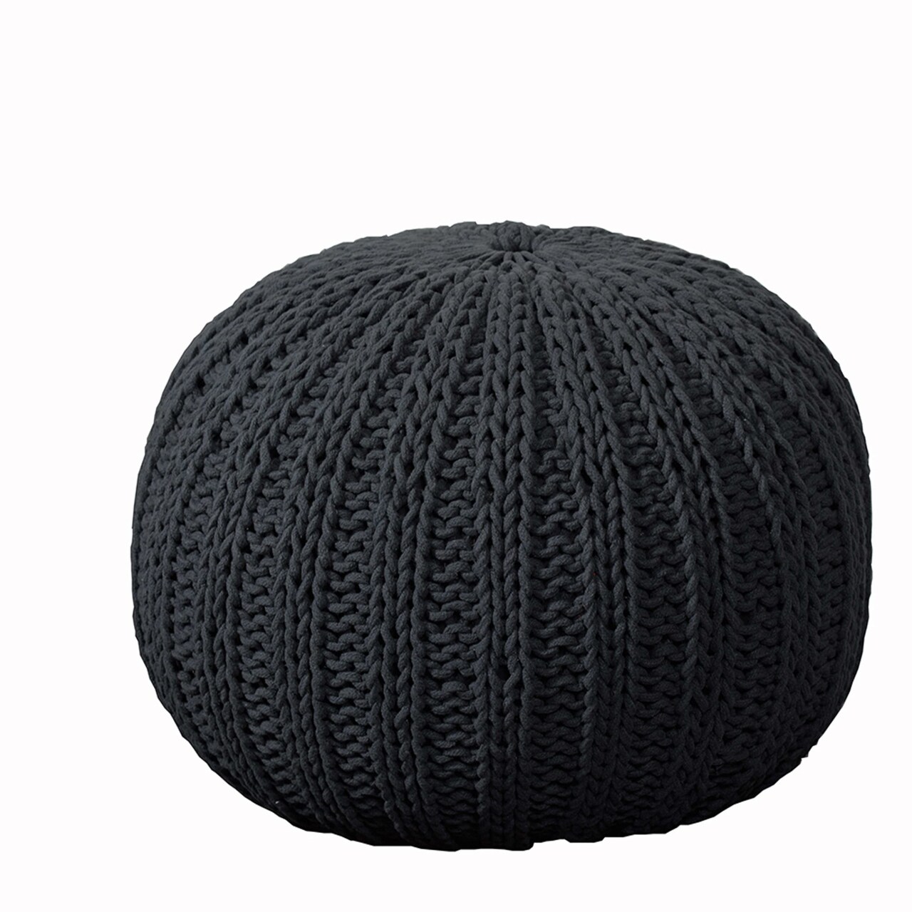 Laddha Home Designs 20" Charcoal Black Solid Hand Knitted Round Pouf Ottoman
